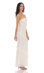 Strapless Lace Ruffle Maxi Dress in Ivory