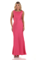 Satin High Neck Open Back Maxi Dress in Magenta