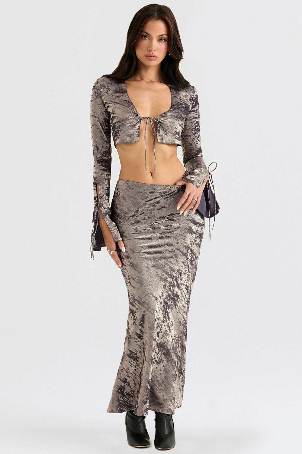 pewter bias cut midi skirt