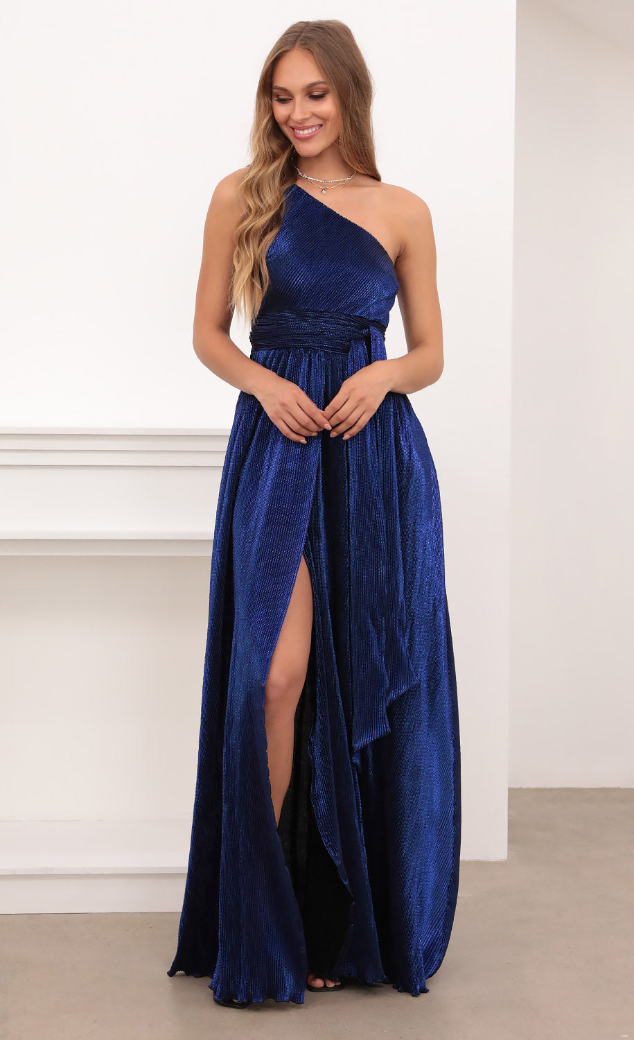 One Shoulder Pleated Klein Blue Dress