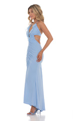 Plunge Neck Ruched Maxi Dress in Blue