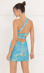 Galaxy Foil Print Bodycon Dress in Blue