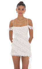 Lace Off Shoulder Ruffle Dress in White