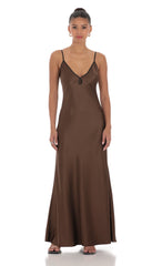 Satin Shift Maxi Dress in Brown