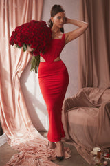 scarlet satin low waist midi skirt