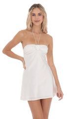 Flower Satin Halter Dress in White