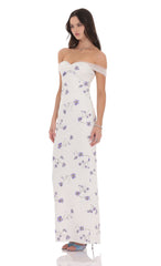 Tulle Off Shoulder Floral Maxi Dress in White