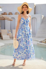 GRACE KARIN Women's 2025 Summer Maxi Dress Floral Tie Front Spaghetti Strap Casual Boho Beach Flowy Sundress with Pockets