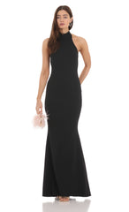 Mock Neck Bow Maxi Dress in Black