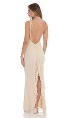 Rhinestone Mesh Open Back Maxi Dress in Beige