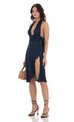 Satin Ruffle Slit Dress in Navy