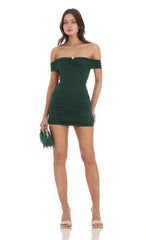 Off Shoulder Mesh Bodycon Dress in Green