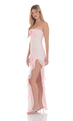 Tie Dye Mesh Ruffle Slit Maxi Dress in White