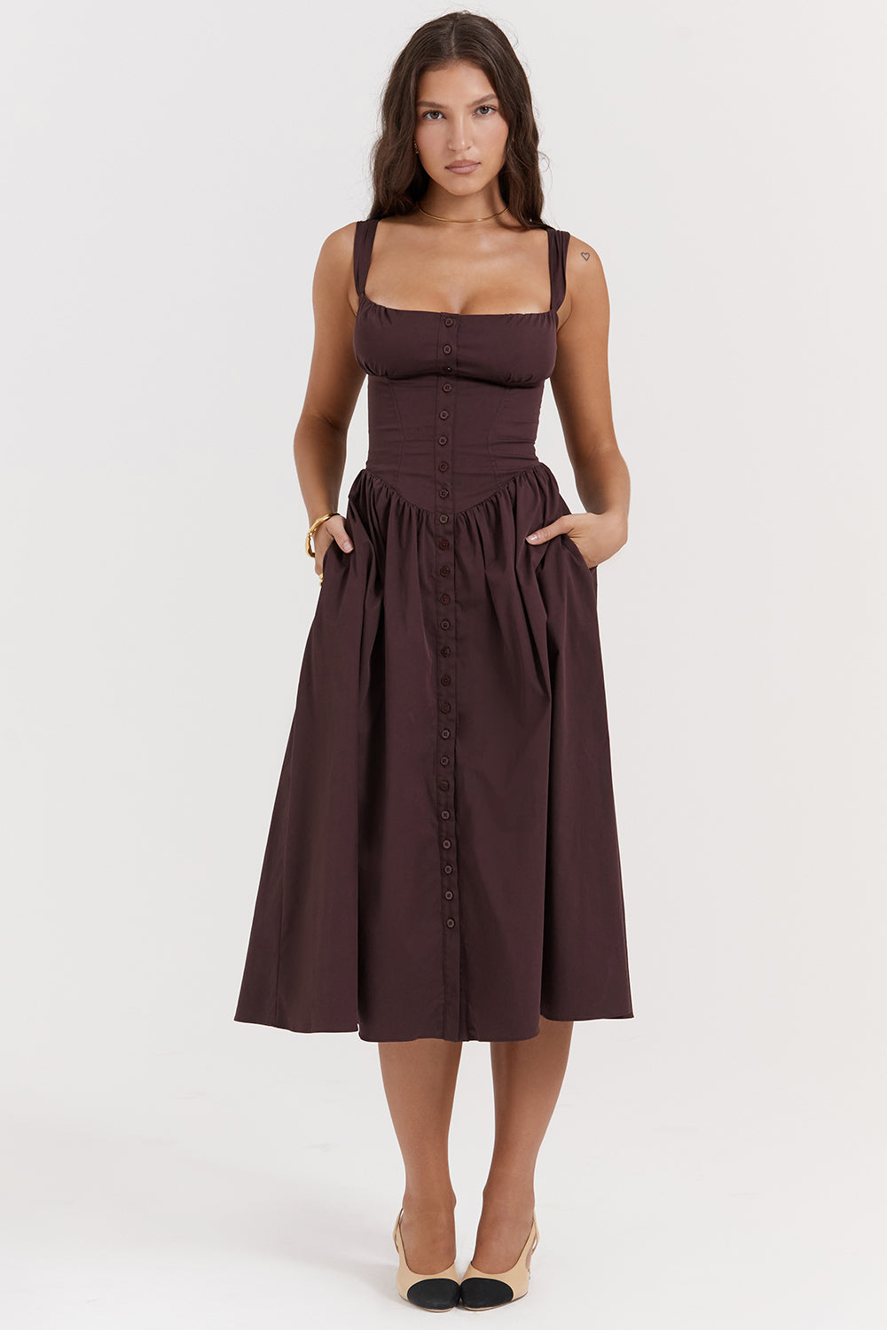 rich brown midi sundress