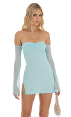 Mesh Off Shoulder Bodycon Dress in Blue