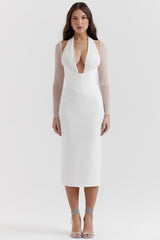 white plunge midi dress