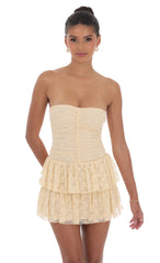 Lace Strapless Ruched Ruffle Dress in Beige