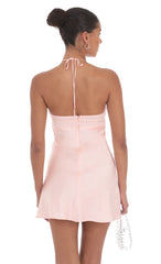 Flower Satin Halter Dress in Pink