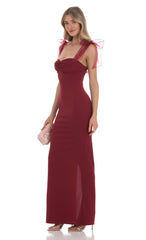 Shoulder Ties Maxi Dress in Maroon