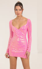 Iridescent Sequin Long Sleeve Dress in Pink