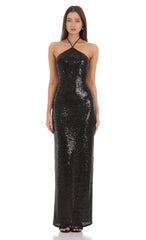 Sequin Halter Maxi Dress in Black