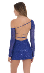 Sequin Long Sleeve Off Shoulder Dress in Blue