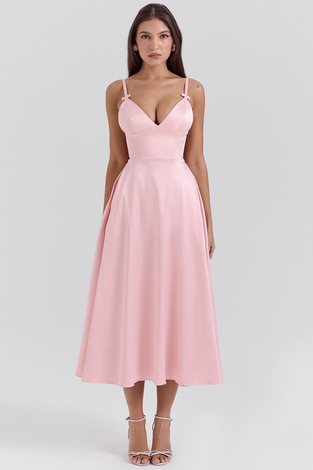 parisian pink satin a-line midi dress