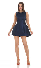 High Neck Open Back Flare Dress in Navy