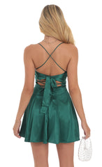 Draped Satin A-Line Dress in Green