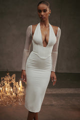 white plunge midi dress