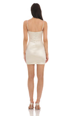 Floral Embroidered Trim Satin Dress in Cream