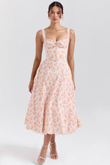 peach poppy print cotton bustier sundress