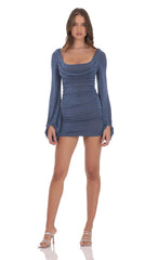 Ruched Cowl Neck Dress in Denim Blue