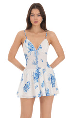 Blue Floral Smocked Ruffle Dress in White