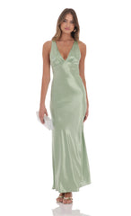 Satin V-Neck Maxi Dress in Sage