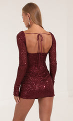 Mesh Sequin Long Sleeve Dress in Red
