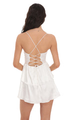 Satin Jacquard Ruffle Dress in White