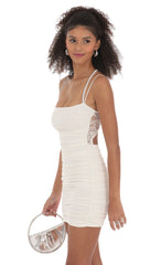 Rhinestone Lace Ruched Dress in White