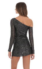 Silver Sequin One Off Shoulder Bodycon Dress in Black