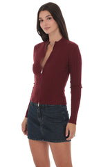 Mock Neck Zip-Up Cardigan in Maroon