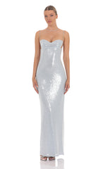 Sequin Open Back Maxi Dress in Icy Blue