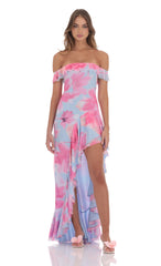 Off Shoulder Floral Maxi Dress in Pink and Blue