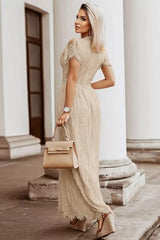 MEROKEETY Women's V Neck Short Sleeve Floral Lace Wedding Dress Bridesmaid Cocktail Party Maxi Dress