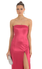 Satin Pleated Strapless Maxi Dress in Cherry