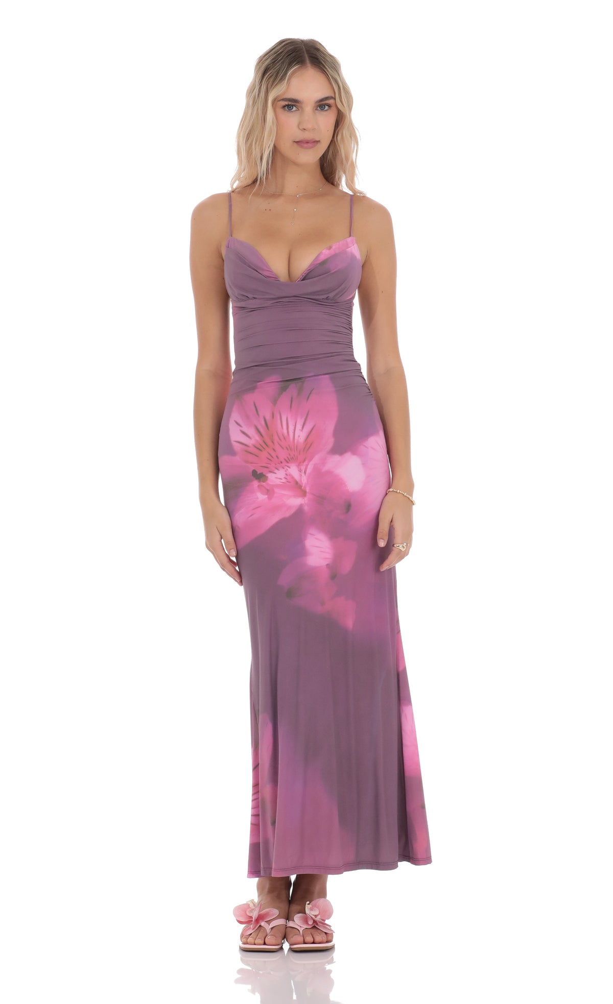 Floral Ruched Cowl Neck Maxi Dress in Purple