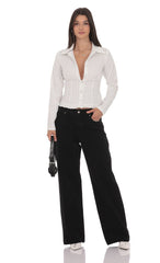 Pinstripe Ruffle Hem Button-Up Shirt in White