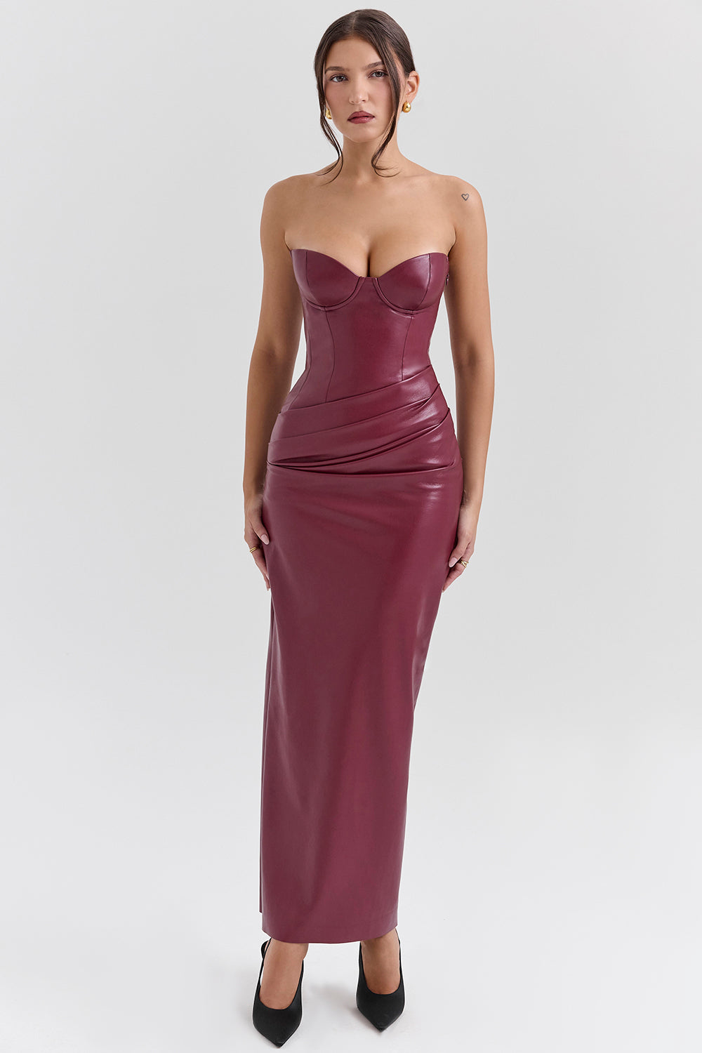cabernet vegan leather midi dress