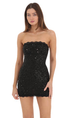 Lace Sequin Strapless Bodycon Dress in Black