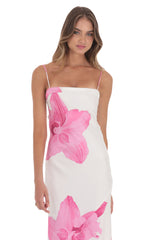 Satin Floral Open Back Maxi Dress in White