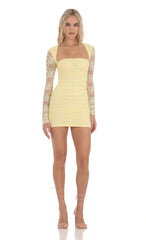 Lace Long Sleeve Bodycon Dress in Yellow